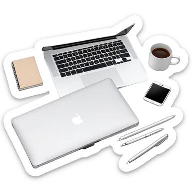 top view of a MacBook and a notebook with a pen nearby, different arrangement sticker