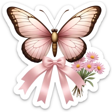 A delicate glass-winged butterfly hovering above a bundle of dried flowers tied with a soft satin bow.
 sticker
