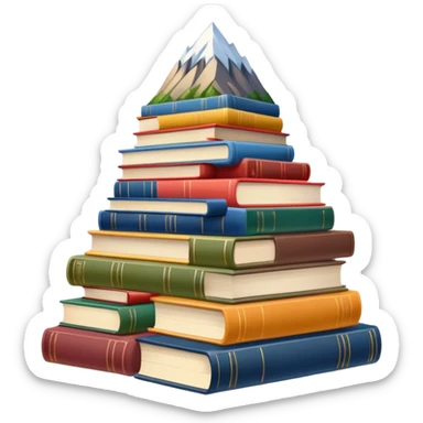 A tall mountain made of stacked books of different colors and sizes sticker
