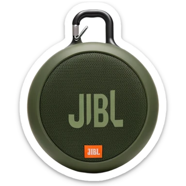 Simple JBL Clip 4 portable speaker with correct round body and built-in carabiner hook, minimal green camo pattern, iOS emoji style sticker
