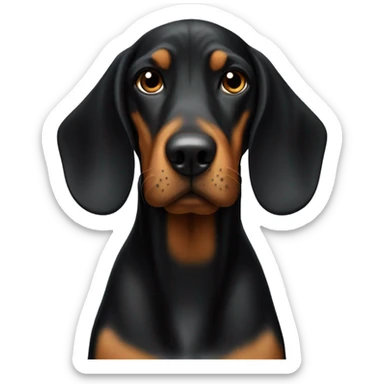 A black and tan hound with a floppy face sticker
