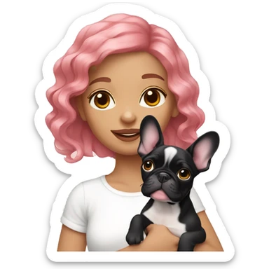  girl with medium pink wavy hair holding a french bulldog puppy  sticker