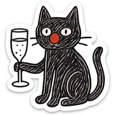 black cat with a red clown nose and a champagne glass, hand-drawn and quirky sticker