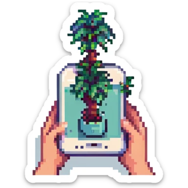 hands holding a plant sprouting from a smartphone, pixel art style, colorful, retro sticker
