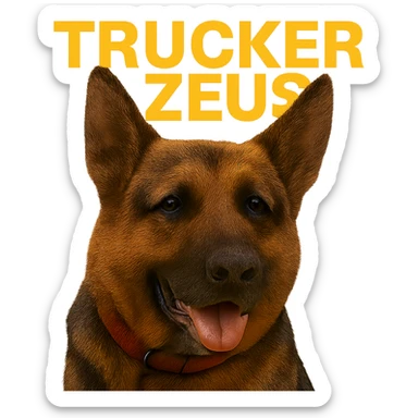 Reduce the image file size as much as technically possible, even if it lowers image quality, while keeping the background fully transparent, the realistic German Shepherd, and yellow 'Trucker Zeus' text. sticker