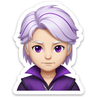 Chibi Sable Ward with smirk expression, confident side smile, raised eyebrow, white hair with purple streaks, fully purple eyes, smug look sticker