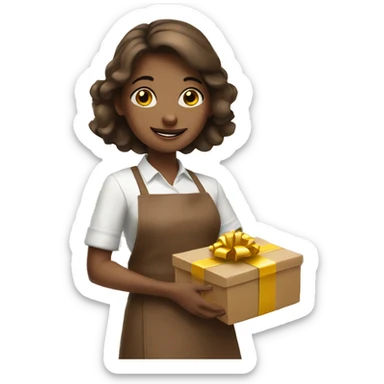 girl in brown apron with gift sticker