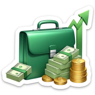 An icon showing a briefcase, a stack of money, and a graph with upward growth, representing business and entrepreneurship. The design highlights innovation, investment, and success in the world of startups and corporate ventures. Transparent background emphasizes the dynamic nature of business. sticker