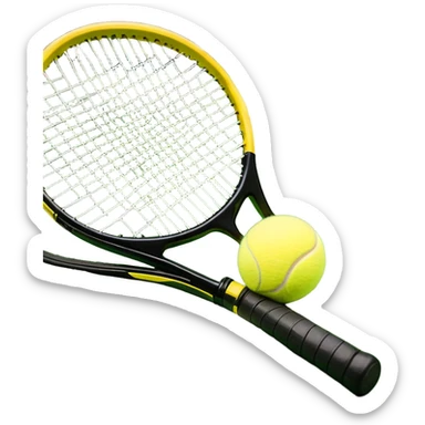 A tennis racket with a bright yellow tennis ball resting on it, set against the backdrop of a well-maintained tennis court. The scene emphasizes the smooth lines of the court and the focus on the ball and racket, symbolizing the elegance and precision of the sport sticker