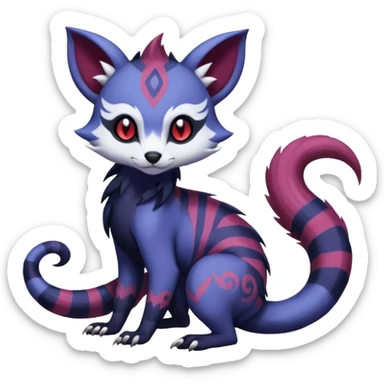 Rare warm-colored exotic gloomy tropical edgy cute epic aesthetic spooky indigo purple white black red gothic colorful Salandit-Furret-Espurr-Meowstic-Civet-species-Fakemon-hybrid-creature, with tribal tattoo markings, full body sticker