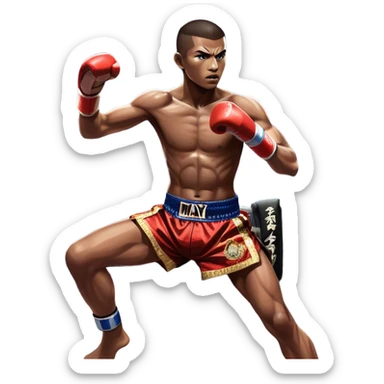 Muay Thai traditional – Cinematic Realistic Traditional Muay Thai Fighter, depicted in authentic Muay Thai attire with arm bands and shorts, poised in a dynamic fighting stance in a traditional Thai stadium, rendered with vivid textures and dramatic, high-contrast lighting that accentuates the art’s intensity. sticker