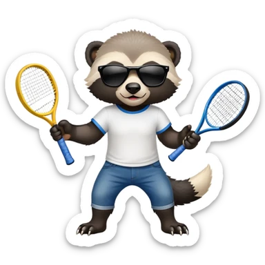 mischievous anthropomorphised honey badger in jeans and a t-shirt, wearing sunglasses, holding a tennis racket sticker
