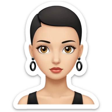 Lady with black buzz cut hair and lashes wearing 4 black earrings  sticker