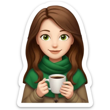 Girl green eyes brown long hair with brown-white winter clothes with coffee in her arms sticker