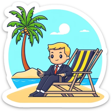 blonde man in business suit sitting on beach chair, vacation setting with palm trees sticker