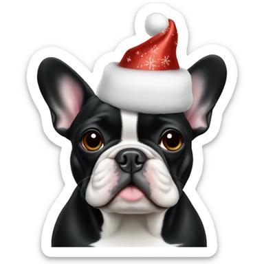 an all-black French bulldog with a white breast in a festive hat sticker