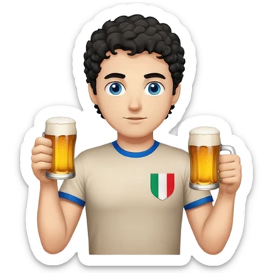 white guy thick eyebrows blue eyes with short curly black hair holding beer wearing a shirt with the italian flag sticker