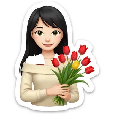 a girl with long black hair, thin bangs, black eyes, wearing a cream off-shoulder sweater, holding a bouquet of tulips, emoji style, smiling sticker