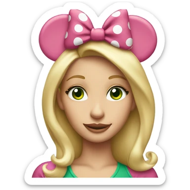 blonde woman with green eyes wearing minnie mouse ears sticker