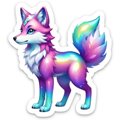 Vibrant multicolored Falvie-Fionbri-creature-sparkle-wolf-fursona, full body sticker