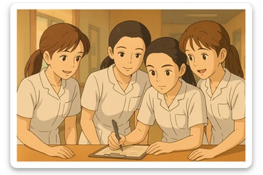 Ghibli illustration of four nursing students in white medical uniforms, short sleeves, V-neck, no collar, no buttons, left chest pocket, bare arms, long hair tied back, collaborating, based on the four reference faces. sticker