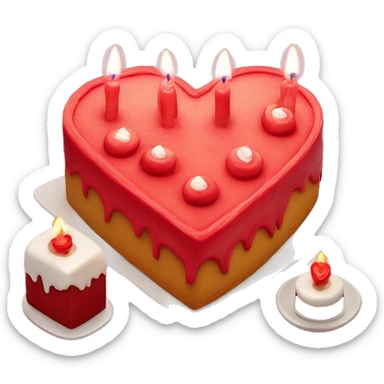 Red primarily colored heart shaped birthday cake, top view, 4 candles, no playe sticker