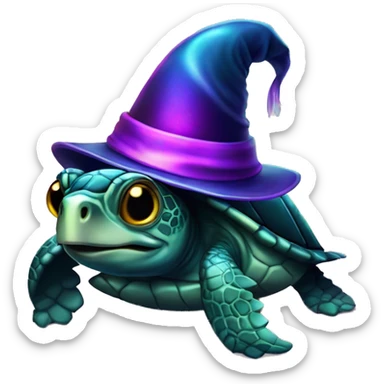 Dark iridescent sea turtle glowing with a wizard hat sticker