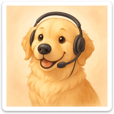 cute golden retriever, headset on, ready to help, adorable, friendly expression, soft colors sticker