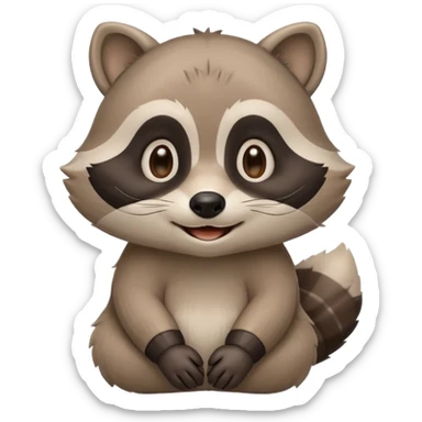 calm raccoon mascot smiling gently, soft eye expression, rounded shapes, subtle joy, muted colors, minimal detail, educational brand style sticker