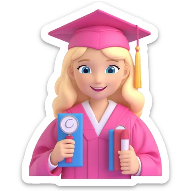 blonde girl with blue eyes in a pink graduation cap and gown, smiling, holding diploma sticker