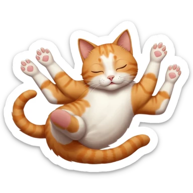 ginger and white small cat eyes closed lying down upside down with paws stretched out in different directions sticker