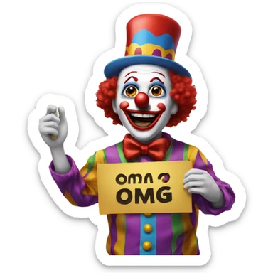 Clown holding a sign stating, "OMG" sticker