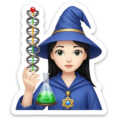 Female wizard with black hair holding a double helix DNA one hand and a methyl group in the other sticker