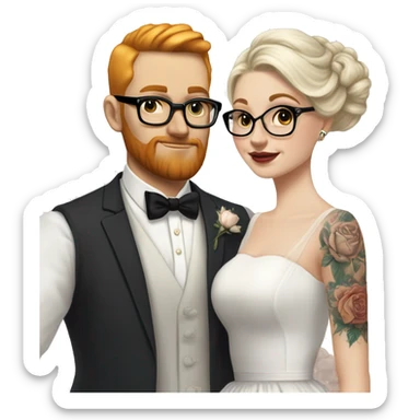 White Blonde hair up bride glasses tattoos vintage tea length dress with white groom black glasses ginger beard no head hair sticker