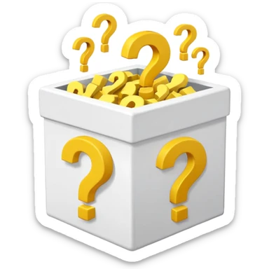 white cube shaped box over stuffed with yellow question marks sticker