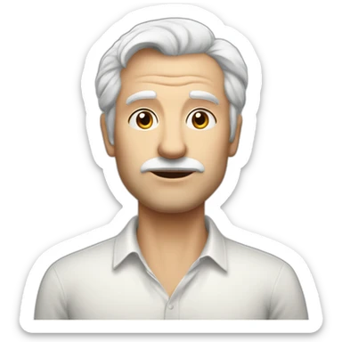 Unsure european shaved guy in his fifties with mid long white hair wearing a shirt saying hello sticker