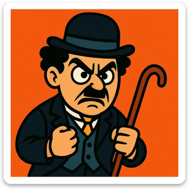 angry Charlie Chaplin, exaggerated cartoon style, bold lines, bowler hat, mustache, cane sticker