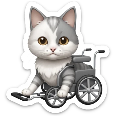 disabled grey and white small cat using cat wheelchair sticker