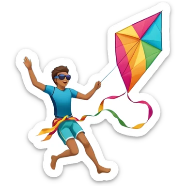 A person soaring through the sky while holding onto a colorful kite on a windy beach. The kite is catching the wind, and the backdrop features waves crashing on the shore, capturing the excitement and freedom of kitesurfing. sticker