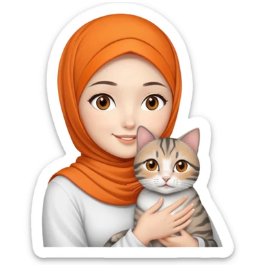 Asian White girl with black eyes wearing orange hijab and white dress holding a black grey tabby cat while smiling.  sticker