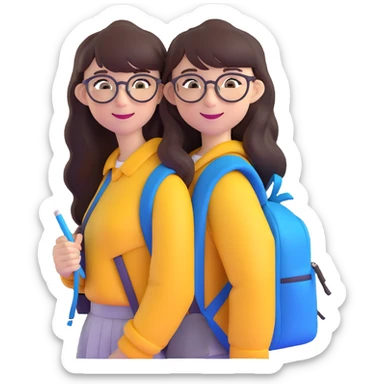 teenage girl with long dark brown hair, bangs, blue eyes, round glasses with thin black frames, wearing a backpack, smiling sticker