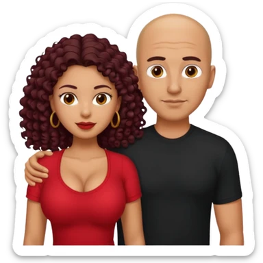A picture of a sexy tanned couple. the guy is Mexican, with a bald hair cut and a red shirt. the girl is mixed, she has curly longer dark brown hair, and with big boobs and wearing black shirt  sticker