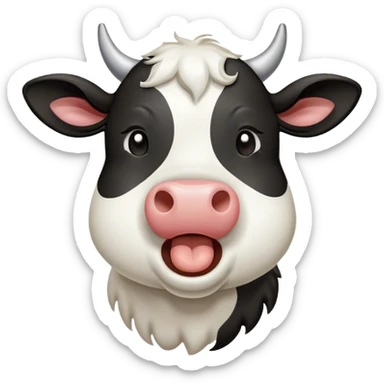 Cinematic Cute Yawning Black and White Cow Portrait Emoji, Head tilted slightly with a dramatic, wide-open yawn, showcasing a smooth, contrasting coat of black and white, floppy ears slightly drooping, round brown eyes barely open in drowsy contentment, Simplified yet irresistibly adorable features, highly detailed, glowing with a soft, cozy glow, high shine, relaxed yet expressive, stylized with a touch of modern whimsy, bright and endearing, soft glowing outline, capturing the essence of a sleepy yet affectionate cow, so drowsy it feels like it could stride out of the screen and curl up for a nap! sticker