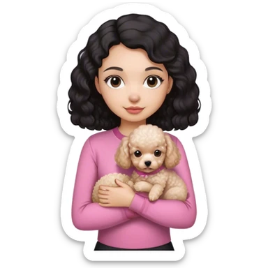  Un chica con cabello negro y un poco ondulado, con camisa camisa rosa ajustada sosteniendo un perrito pequeño de raza french poodle  sticker