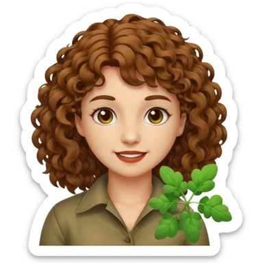 bust woman short curly brown mullet hair brown eyes white skin chewing clover stem, sarcastic grin sticker