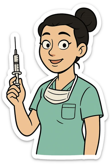 a modern day asian woman nurse holding a vaccination needle sticker