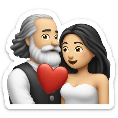 Red hearts are flying and Bald and gray beard man kisses from lips of  long black hair white woman sticker