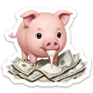 A pig with a rolled up dollar bill held to his nose looking down at a small pile of flour  sticker