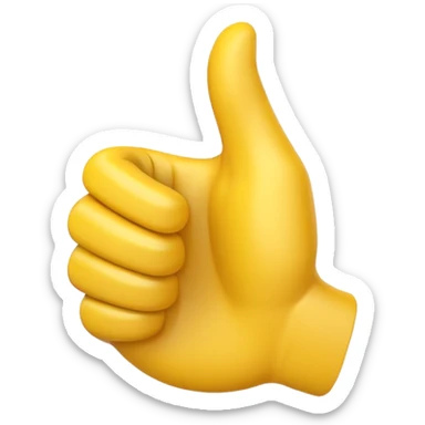 Apple-style 3D illustration of a single yellow emoji hand giving a thumbs up gesture, glossy and rounded, centered on a clean white background, soft shadow underneath, isolated and minimal design sticker