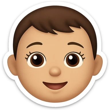 emoji de bebé de un año con pelo corto marrón, ojos marrones grandes con pestañas, cejas marrones y labios rosas, fondo transparente sticker